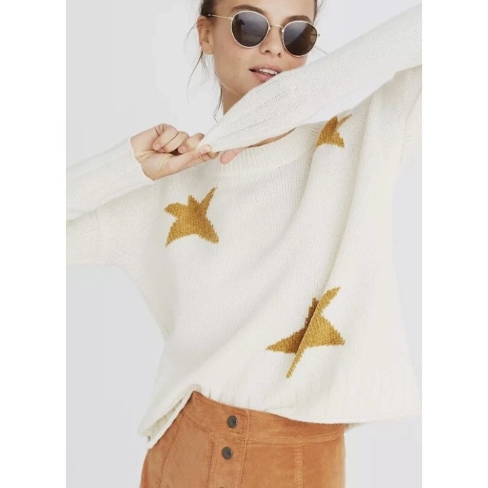 Madewell Stars 100% Merino Wool Sweater Crewneck Size Small Cream and Gold